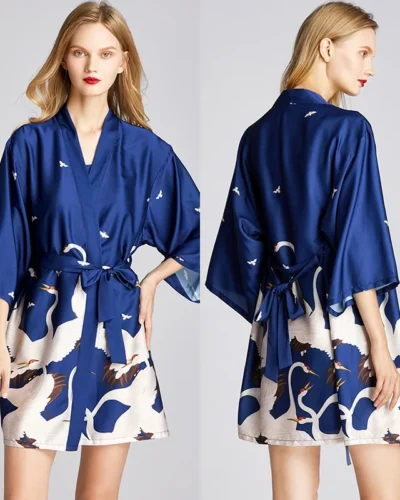 Women Robe Kimono Bathrobe Navy Blue Print Nightgown Sleepwear Silky Soft Satin Nightwear Sexy Short Nightdress Casual Homewear