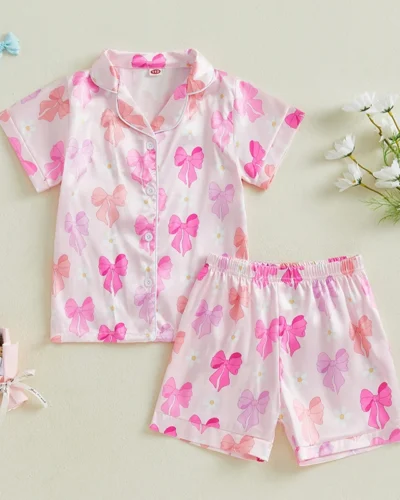 Summer Pajamas Set Bow Print Lapel Short Sleeve Button Down Tops with Shorts Kids Satin 2 Pieces Sleepwear