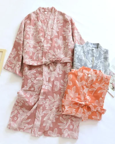 Women's Pure Cotton Gauze Pajamas Thin Jacquard Bathrobes Autumn Long Sleeve Japanese Kimono Robe Loose and Casual Home Wear