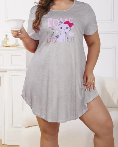Large size women's casual round neck short sleeved printed pajama dress for home wear