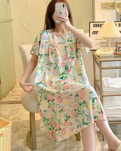 Sexy Nightwear Women Icy Floral Pattern Women Pajamas Dress Butterfly Print Student Sleepwear O- Neck Lace Mid-Length Nightgown