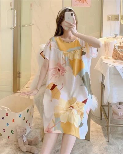Summer Cotton Silk Nightgown Women's Home Wear Short-Sleeved Cartoon Print Pajamas Burst Large Size Spring and Autumn Home Wear