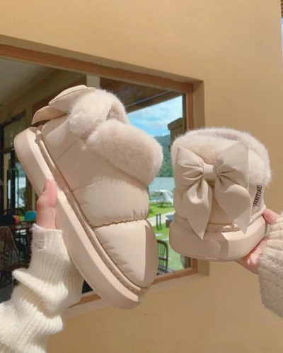 Bow Knot Short Ankle Snow Boots Women Winter Plush And Thick Insulation Waterproof PU Cotton Household Shoes Home Slipper Women