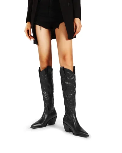 Women's Western Mid calf Pointed Head Large Denim Embroidered Flame High Heels Over Knee Gothic Boots