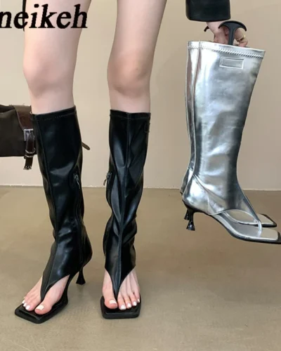 Aneikeh 2025 Sexy PU Square Head Clip Toe Sandals Boots Women's Thin Heel Side Zipper Sewing Chelsea Knee High Boots Party Ball
