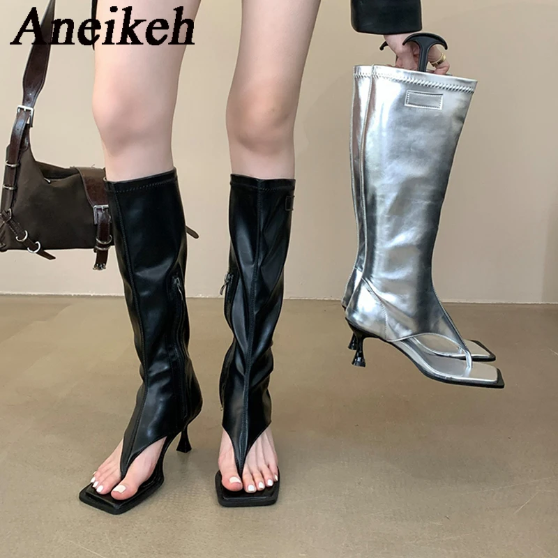 Aneikeh 2025 Sexy PU Square Head Clip Toe Sandals Boots Women's Thin Heel Side Zipper Sewing Chelsea Knee High Boots Party Ball