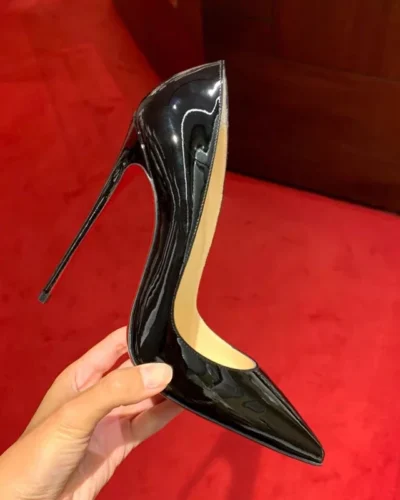 Black patent leather red soled high heels for women 2024 new professional temperament pointed shallow mouth sexy single shoes