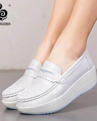 STRONGSHEN Women Platform Wedges Casual Shoes Loafers Soft Nurse Work Shoes Breathable Comfortable Non-slip White Nursing Shoes
