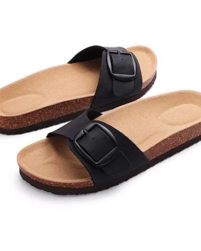 Shevalues Cork Footbed Clogs Slippers for Women Soft Leather Mules Classic Cork Anti-slip Beach Slides House Sandals With Buckle