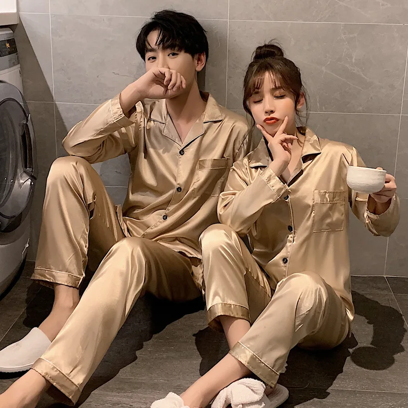 Solid Color Sleepwear Silk Satin Pajamas Couple Set Long Button-Down Pyjamas Suit Pijama Women Men Loungewear Plus Size Pj Set - Image 6