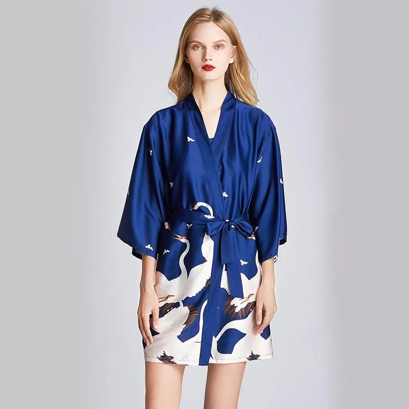 Women Robe Kimono Bathrobe Navy Blue Print Nightgown Sleepwear Silky Soft Satin Nightwear Sexy Short Nightdress Casual Homewear - Image 2