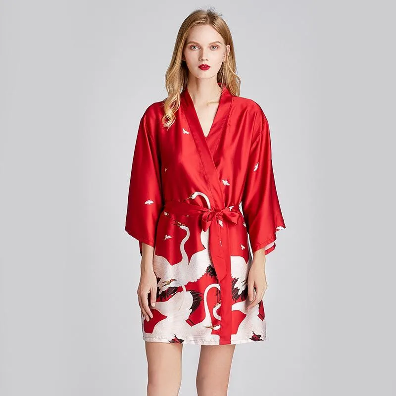 Women Robe Kimono Bathrobe Navy Blue Print Nightgown Sleepwear Silky Soft Satin Nightwear Sexy Short Nightdress Casual Homewear - Image 4