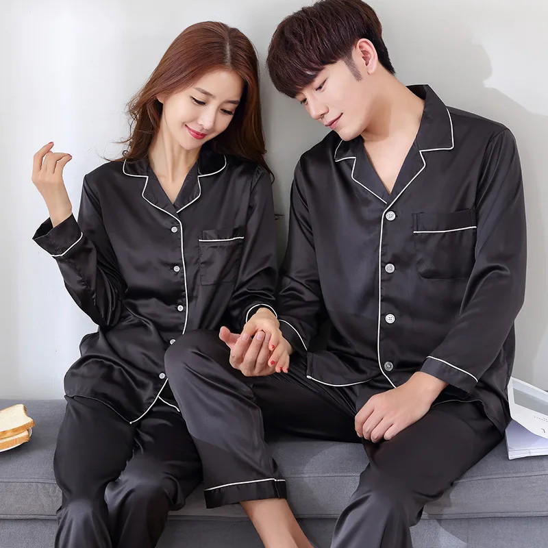 Solid Color Sleepwear Silk Satin Pajamas Couple Set Long Button-Down Pyjamas Suit Pijama Women Men Loungewear Plus Size Pj Set - Image 3