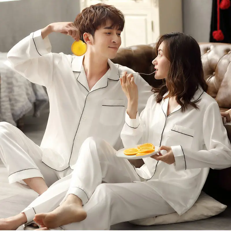 Solid Color Sleepwear Silk Satin Pajamas Couple Set Long Button-Down Pyjamas Suit Pijama Women Men Loungewear Plus Size Pj Set - Image 4