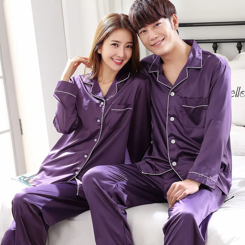 Solid Color Sleepwear Silk Satin Pajamas Couple Set Long Button-Down Pyjamas Suit Pijama Women Men Loungewear Plus Size Pj Set - Image 5