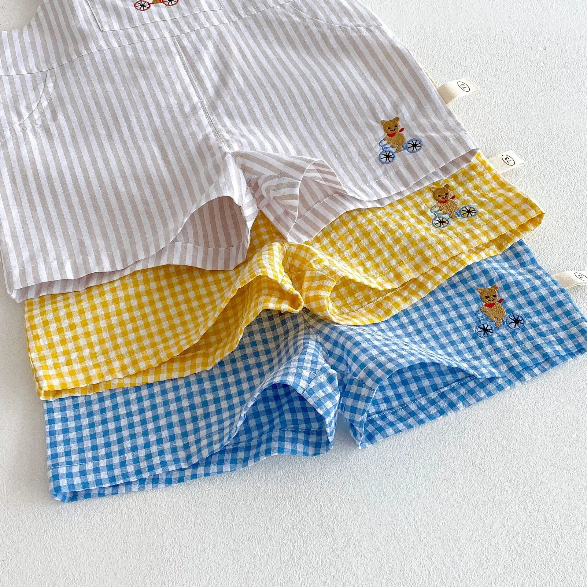 2025 New Summer Kids Checkered Overalls Unisex 98% Cotton with Bear Embroidery Toddler Boys Girls Casual Pants - Image 6