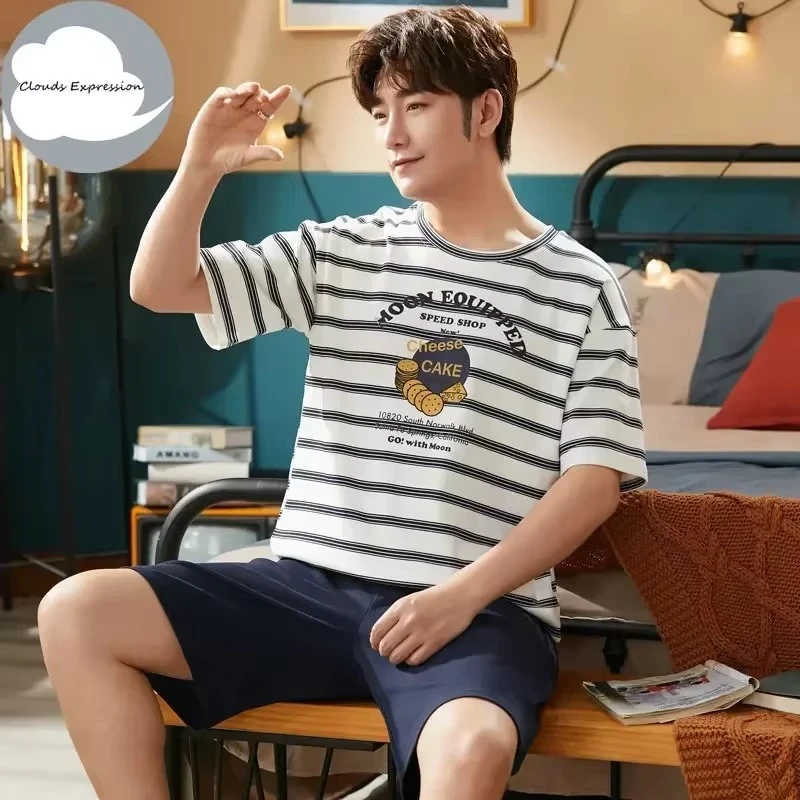 Summer Knitted Cotton Short Sleeved Men's Pajamas Sets Male Pajama Set Letter Pajama For Men Sleepwear Suit Homewear Size xXXXL - Image 5