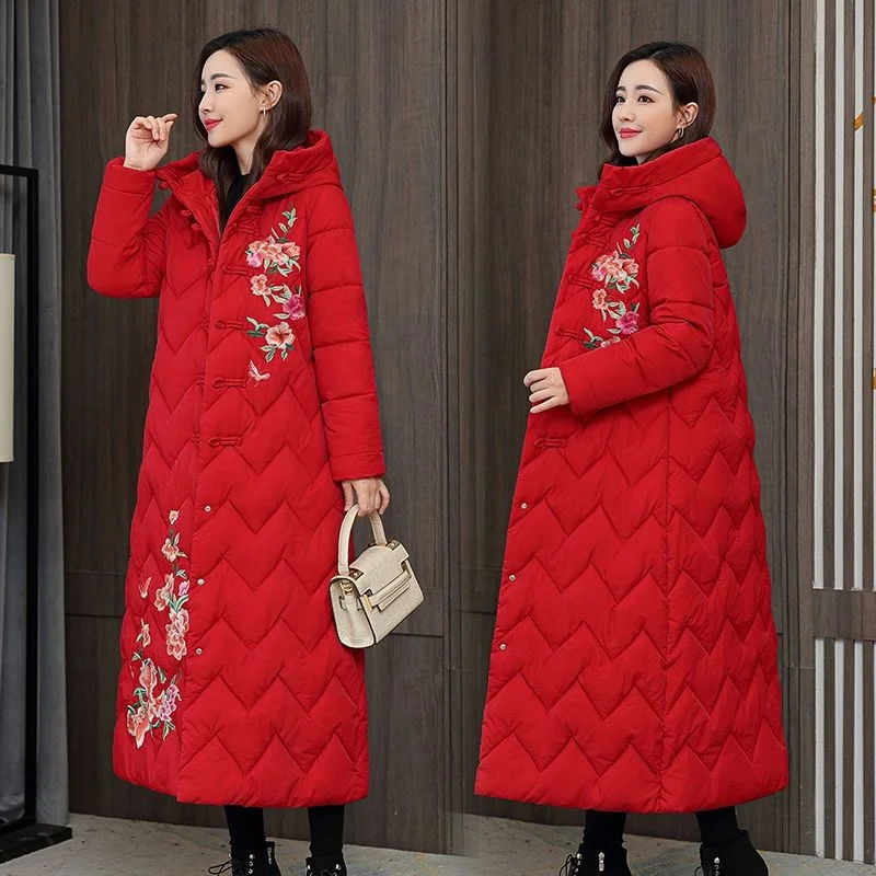 Winter Down Cotton Padded Women Chinese National Style Embroidered Long Outwear Thickened Warm Hooded Parka Coat Female - Image 4