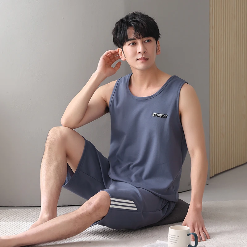 Plus Size 4XL-7XL Men Pajama Set Summer Knited Cotton Pijamas Sleeveless Sleepwear Suit - Image 3