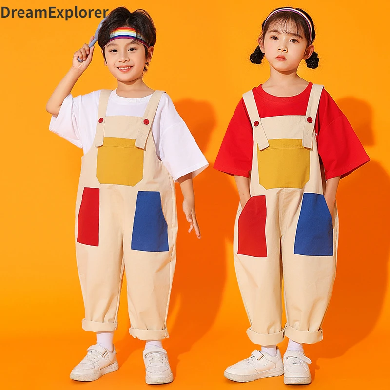 Boys Hip Hop Colored T-shirt Loose Contrast Overalls Girls Patchwork Dungaree Child Jumpsuit Street Dance Romper Kids Streetwear - Image 2