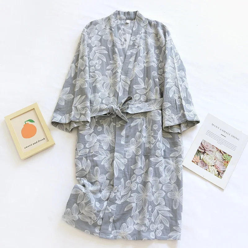 Women's Pure Cotton Gauze Pajamas Thin Jacquard Bathrobes Autumn Long Sleeve Japanese Kimono Robe Loose and Casual Home Wear - Image 3