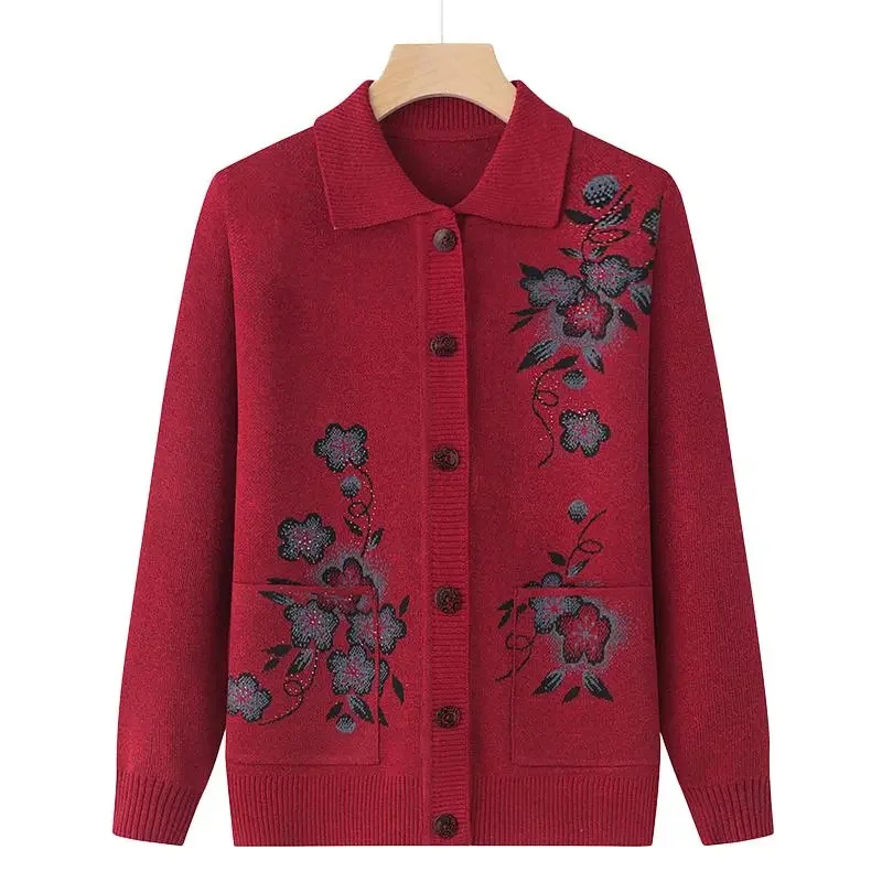 Spring Autumn Long-Sleeve Sweater Women Cardigan Coat New Print Middle-Aged Elderly Knitted Bottoming Shirt Female Tops Jacket - Image 6