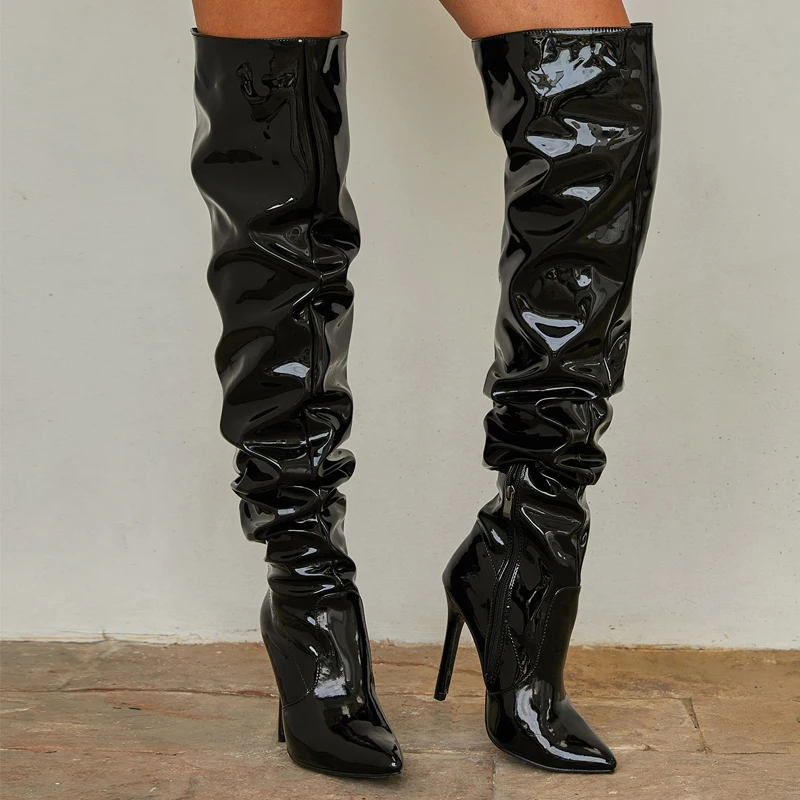 Winter Long Boots Woman Patent Leather Pointed Toe Stiletto High Heels Zipper Over The Knee Boots Botas Altas Sexy Ladies Shoes - Image 3
