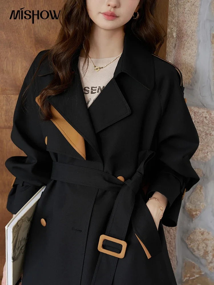 MISHOW Women's Trench 2024 Autumn Vintage Contrast Turn-down Collar Loose Female with Belt Double Breasted Solid Coat MXC44W0040 - Image 4