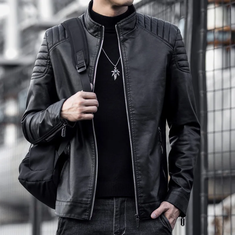 2024 Moto Pu Leather Jacket Men Winter Leahter Jacket Male Stand Collar Casual Windbreaker Trendy Mens Clothing Black Blue - Image 4