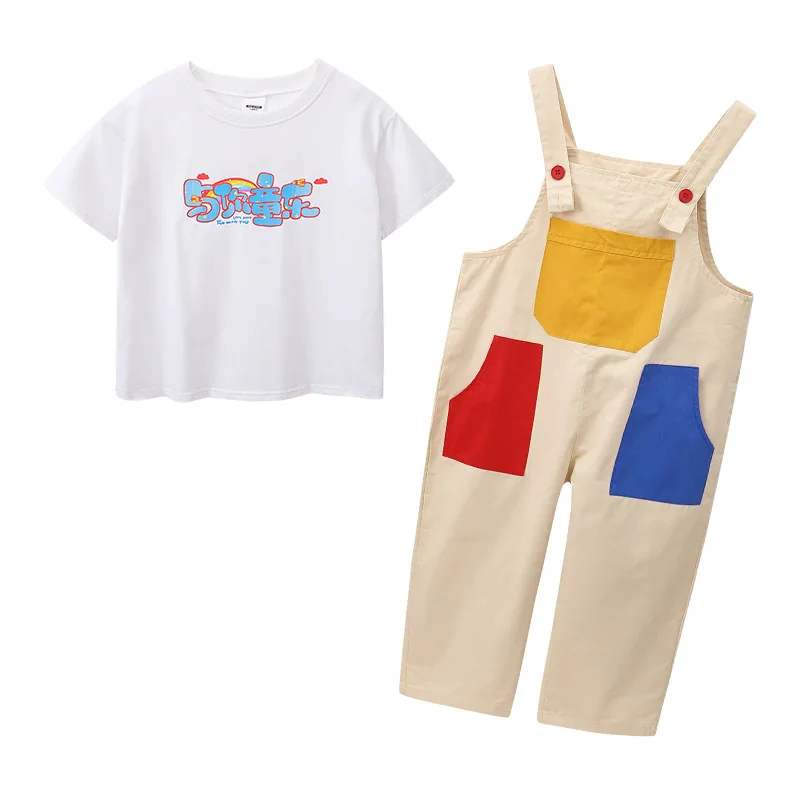 Boys Hip Hop Colored T-shirt Loose Contrast Overalls Girls Patchwork Dungaree Child Jumpsuit Street Dance Romper Kids Streetwear - Image 5