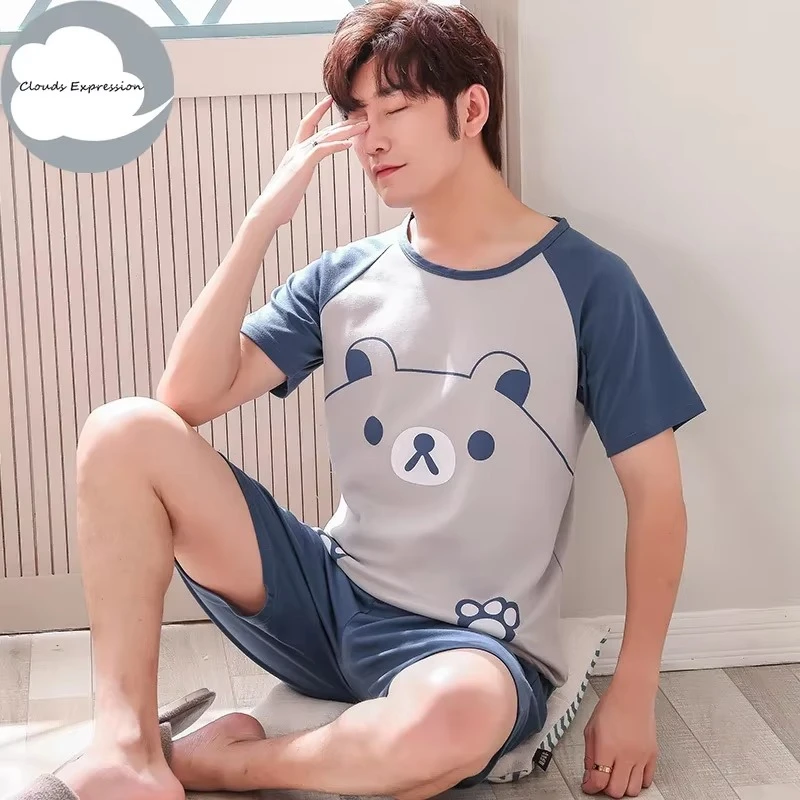 Summer Knitted Cotton Short Sleeved Men's Pajamas Sets Male Pajama Set Letter Pajama For Men Sleepwear Suit Homewear Size xXXXL - Image 4