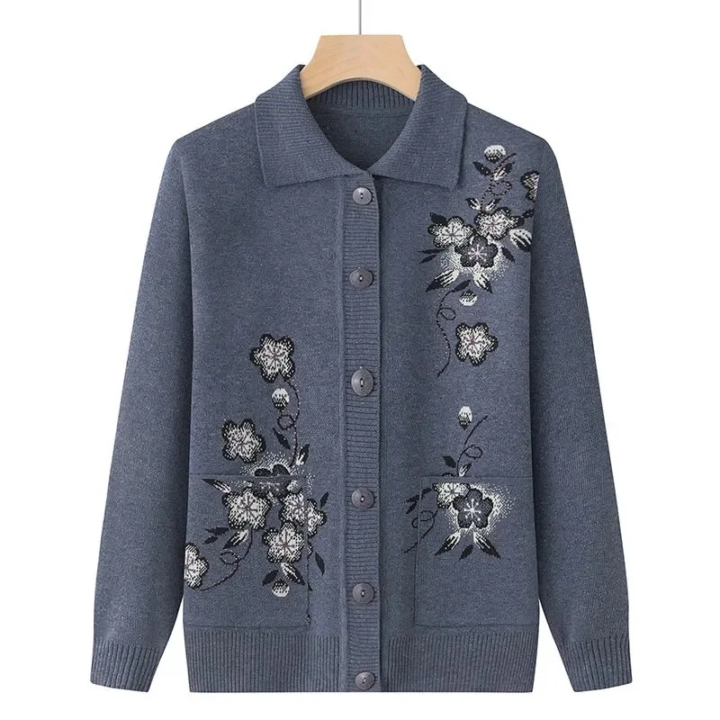 Spring Autumn Long-Sleeve Sweater Women Cardigan Coat New Print Middle-Aged Elderly Knitted Bottoming Shirt Female Tops Jacket - Image 3