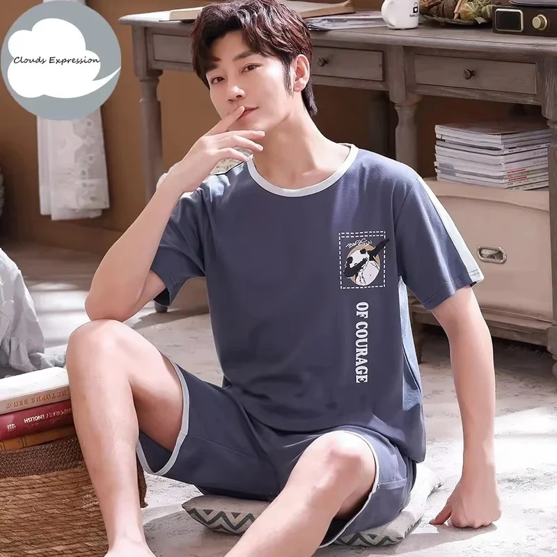 Summer Knitted Cotton Short Sleeved Men's Pajamas Sets Male Pajama Set Letter Pajama For Men Sleepwear Suit Homewear Size xXXXL - Image 3