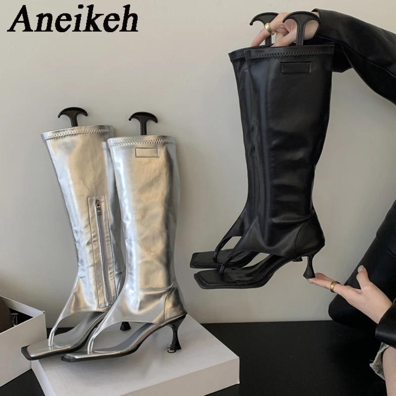 Aneikeh 2025 Sexy PU Square Head Clip Toe Sandals Boots Women's Thin Heel Side Zipper Sewing Chelsea Knee High Boots Party Ball - Image 5