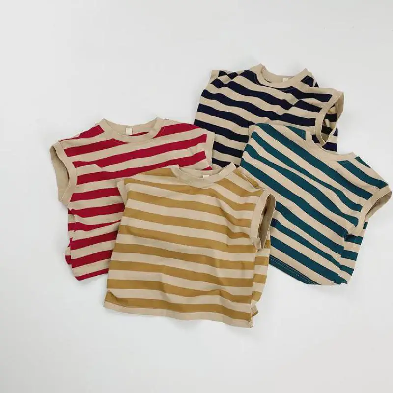 2024 Summer Children's Clothing Kids Striped Vest Retro Boy Girl Sleeveless T-shirt Loose Baby Sports Tops Cotton Toddler Tees - Image 2
