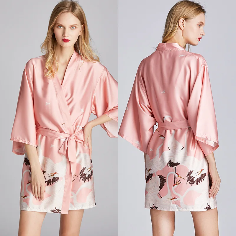 Women Robe Kimono Bathrobe Navy Blue Print Nightgown Sleepwear Silky Soft Satin Nightwear Sexy Short Nightdress Casual Homewear - Image 6