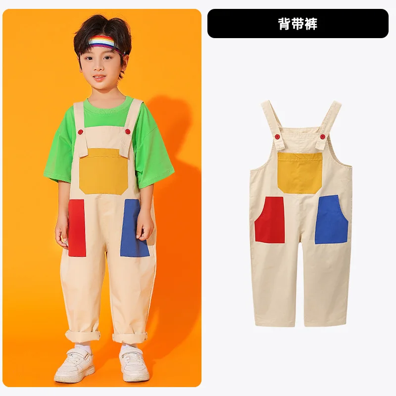 Boys Hip Hop Colored T-shirt Loose Contrast Overalls Girls Patchwork Dungaree Child Jumpsuit Street Dance Romper Kids Streetwear - Image 6