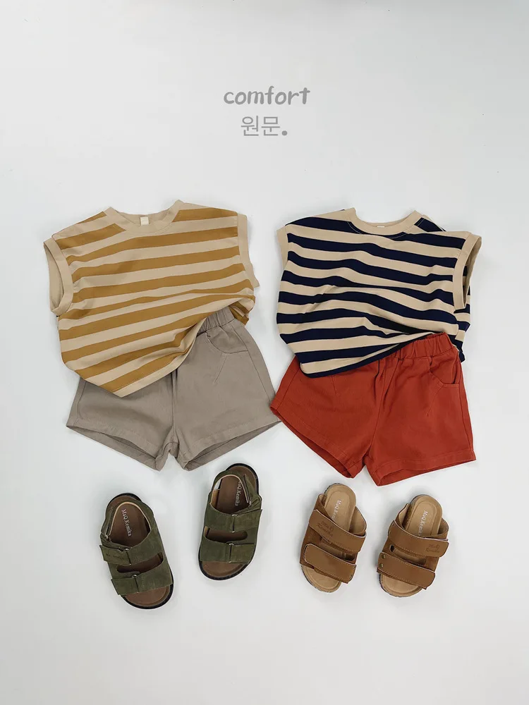 2024 Summer Children's Clothing Kids Striped Vest Retro Boy Girl Sleeveless T-shirt Loose Baby Sports Tops Cotton Toddler Tees - Image 5