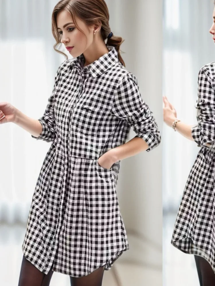 New Korean Fashion Blouses Plaid Button Solid Midi Autumn Shirt Female Plus Size All-match Loose Long Sleeve Polo-Neck Blouse - Image 2