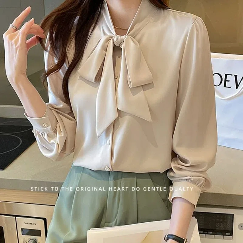 Korean Lacing Loose Solid Blouse Spring Autumn New Chiffon Long Sleeve All-match Elegant Shirt Tops Fashion Office Women Clothes - Image 5