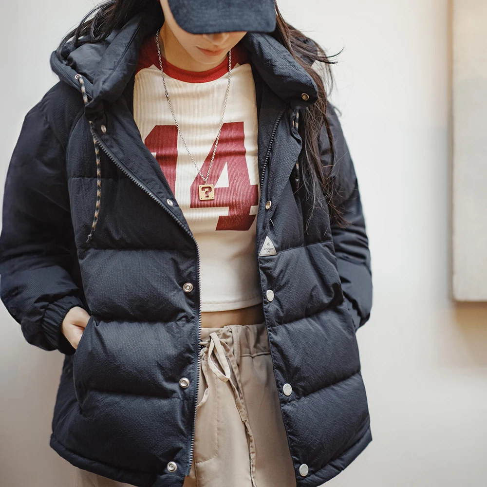 Maden Women's Winter Thickened Down Jacket 90 White Duck Down Navy Blue Hooded Jacket High Density Fabric Bubble Grid Warm Top - Image 5