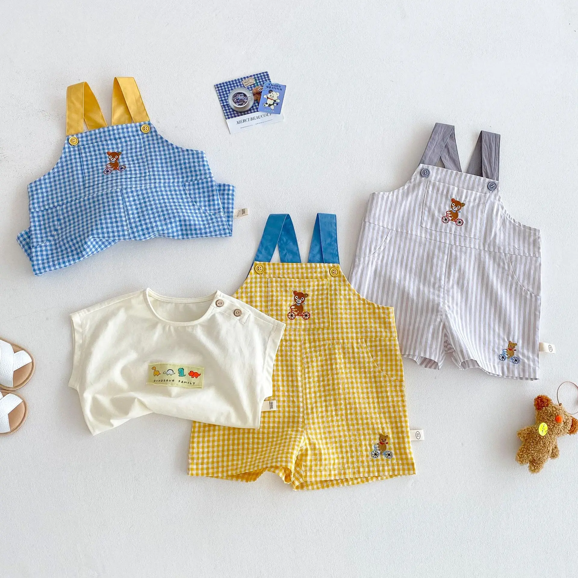 2025 New Summer Kids Checkered Overalls Unisex 98% Cotton with Bear Embroidery Toddler Boys Girls Casual Pants - Image 3