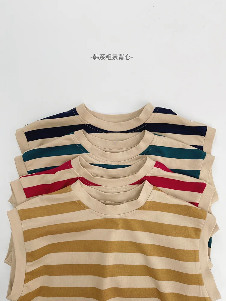 2024 Summer Children's Clothing Kids Striped Vest Retro Boy Girl Sleeveless T-shirt Loose Baby Sports Tops Cotton Toddler Tees - Image 3