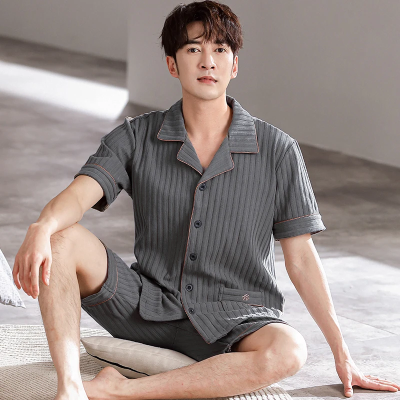 L-4XL Summer Lapel Pyjamas Knited Cotton Men's Pajamas Sets Short Sleeve Shorts Sleepwear Pyjamas Night Pijamas Homewear PJ - Image 5