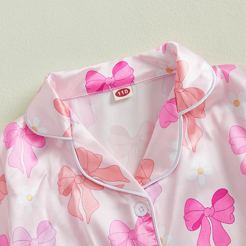 Summer Pajamas Set Bow Print Lapel Short Sleeve Button Down Tops with Shorts Kids Satin 2 Pieces Sleepwear - Image 4