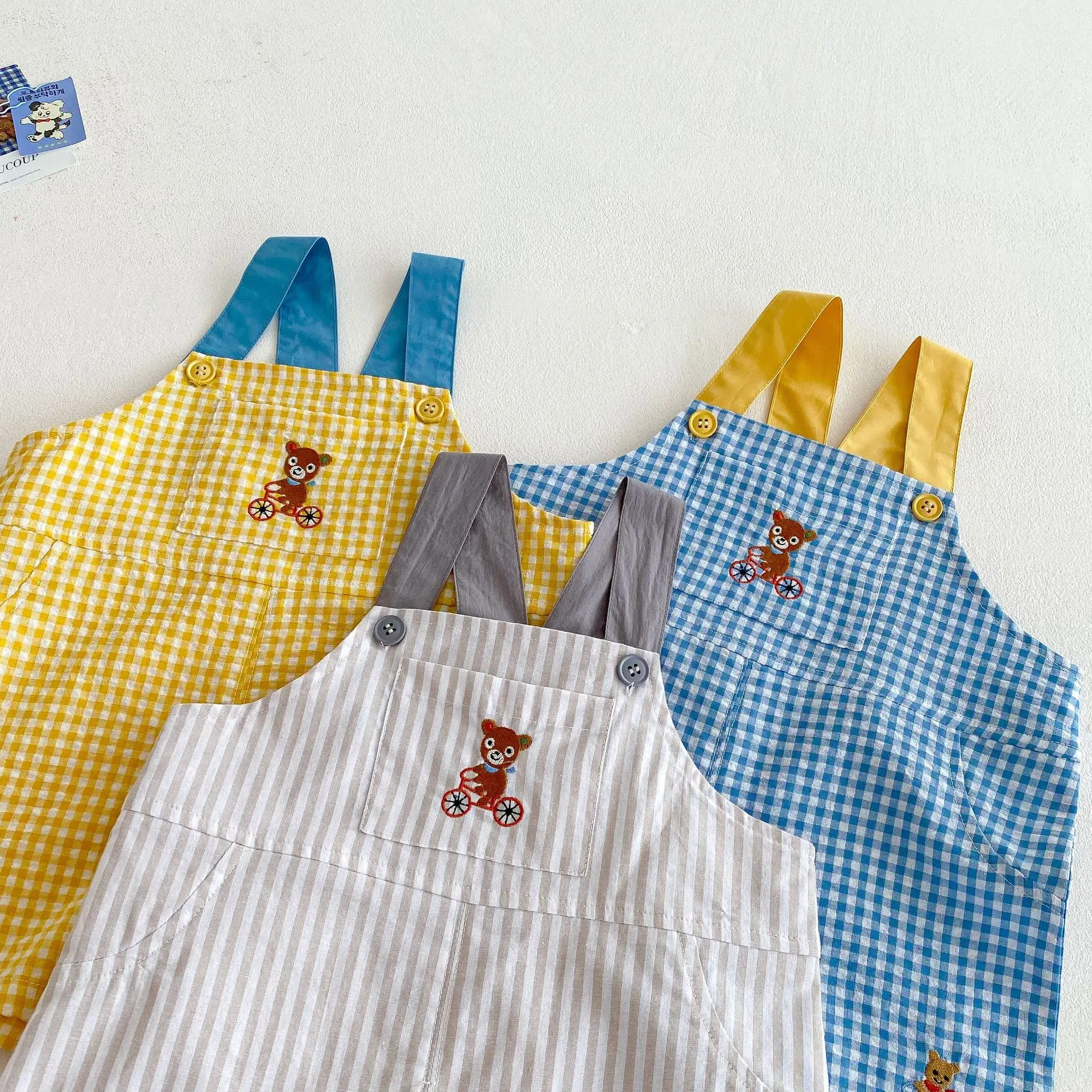 2025 New Summer Kids Checkered Overalls Unisex 98% Cotton with Bear Embroidery Toddler Boys Girls Casual Pants - Image 4