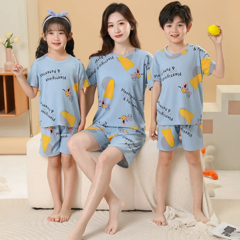2 pieces for boys and girls pajamas Summer parent-child thin short sleeve cute neutral children's set Cute Children's homewear - Image 2