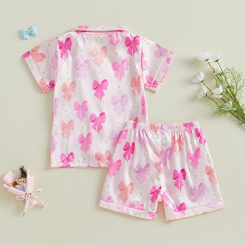 Summer Pajamas Set Bow Print Lapel Short Sleeve Button Down Tops with Shorts Kids Satin 2 Pieces Sleepwear - Image 3