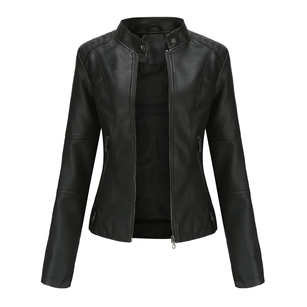 Women Leather Jacket 2024 Spring Autumn Black PU Leather Coat Stand-up Collar Motor Biker Jacket - Image 3