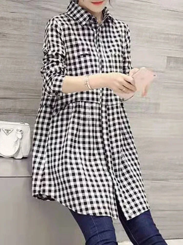 New Korean Fashion Blouses Plaid Button Solid Midi Autumn Shirt Female Plus Size All-match Loose Long Sleeve Polo-Neck Blouse - Image 4